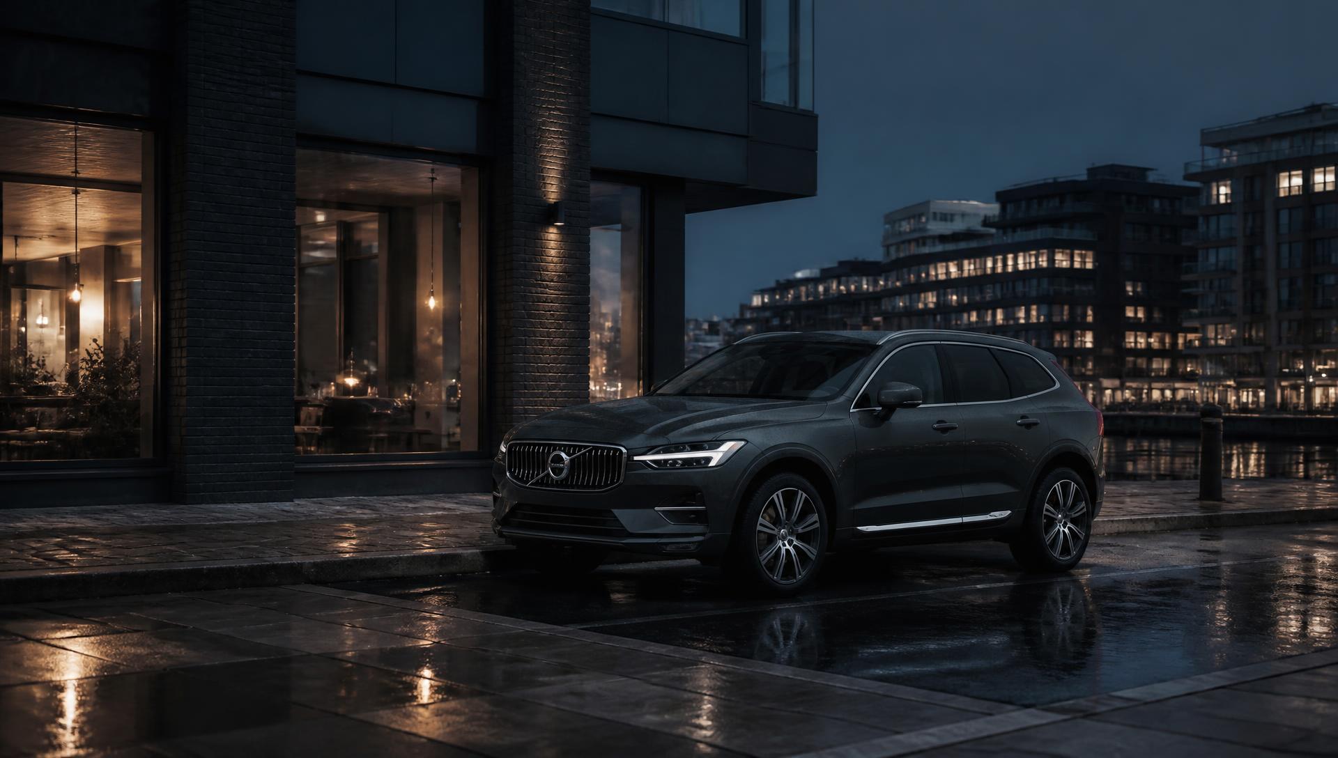 Premium SUV på en svensk stadsgata i skymning